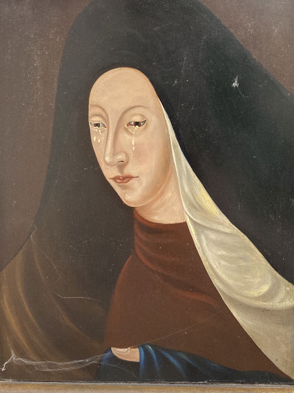19th century Continental School, oil on wooden panel, Study of a crying nun, 35 x 27cm